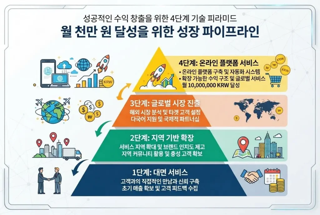 학생 1천만 원 버는 법을 위한 4단계 기술 피라미드 및 소득 창출 성장 파이프라인 인포그래픽