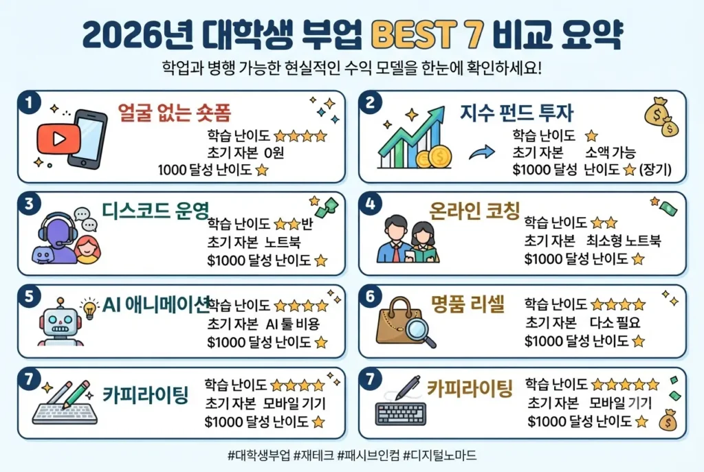 2026년 대학생 부업 BEST 7의 학습 난이도, 자본금, 수익 달성 난이도를 비교한 요약 인포그래픽