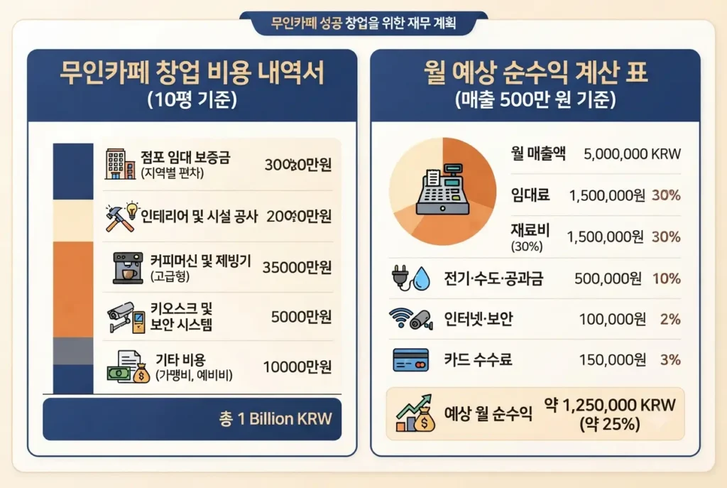 10평 기준 무인카페 창업 비용 내역서와 월 예상 순수익 계산 인포그래픽