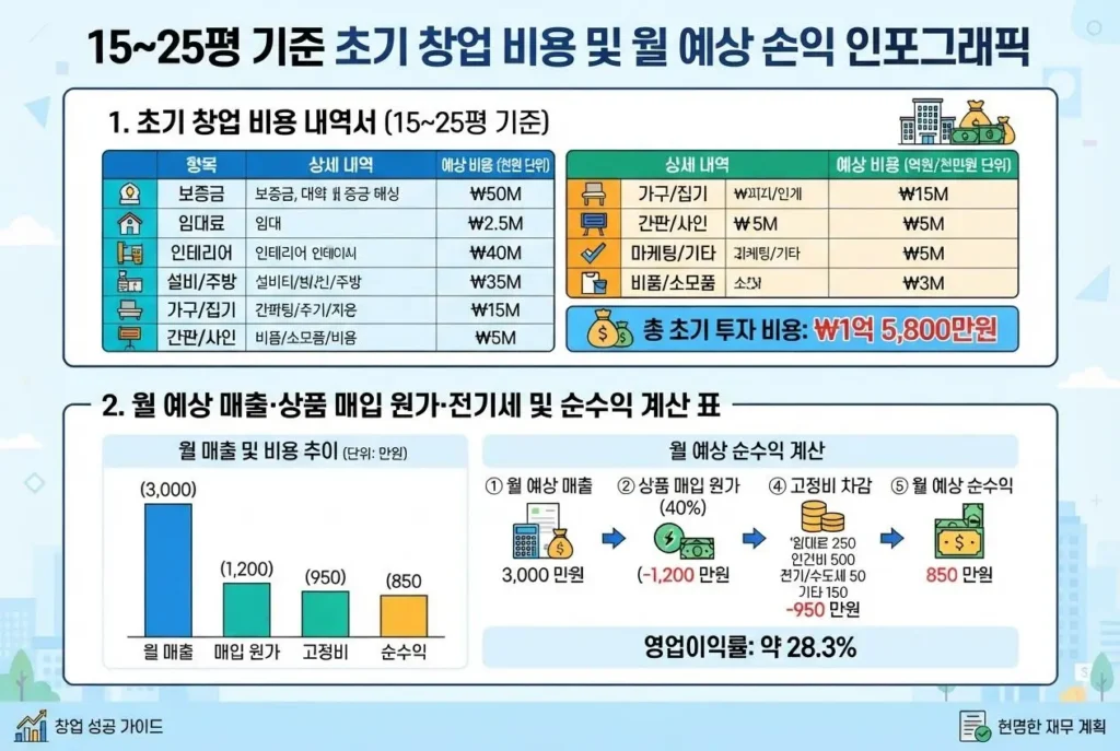20평 기준 무인 편의점 창업 비용 내역서와 월 예상 순수익 계산 인포그래픽