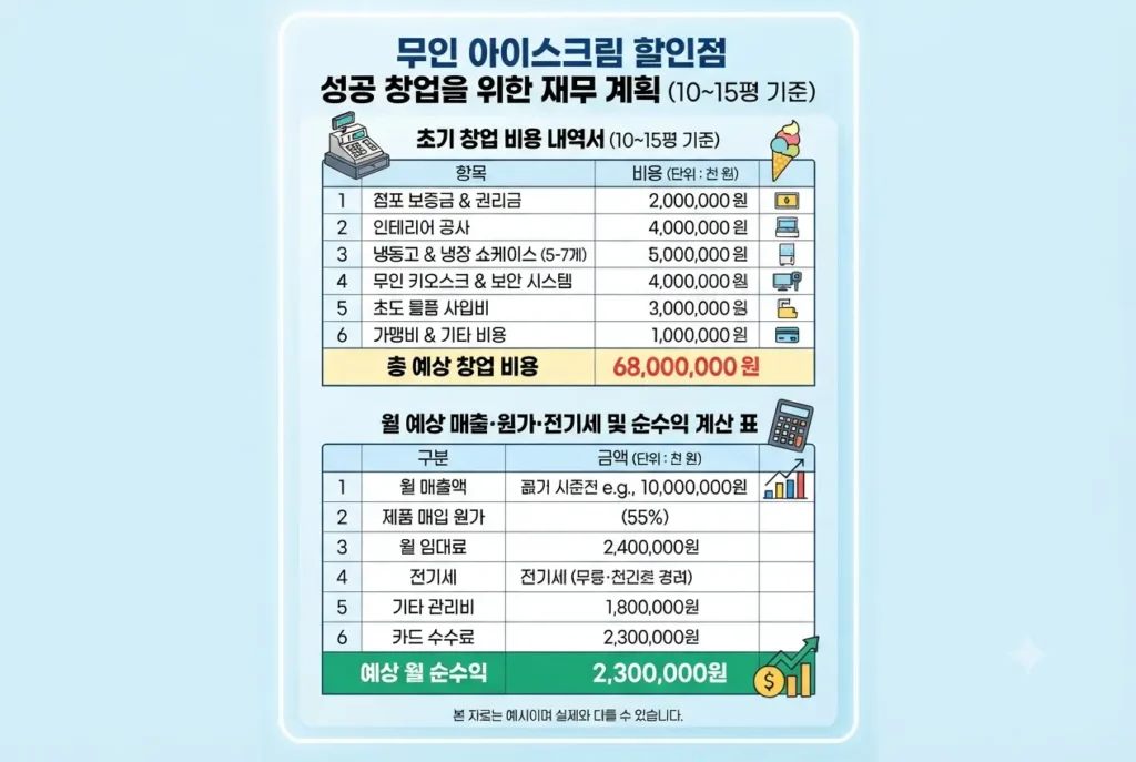 10평 기준 무인 아이스크림 할인점 창업 비용 내역서와 월 예상 순수익 계산 인포그래픽