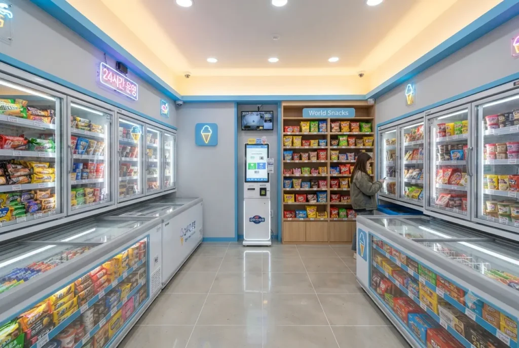 깔끔한 냉동고와 키오스크가 설치된 무인 아이스크림 할인점 내부 전경