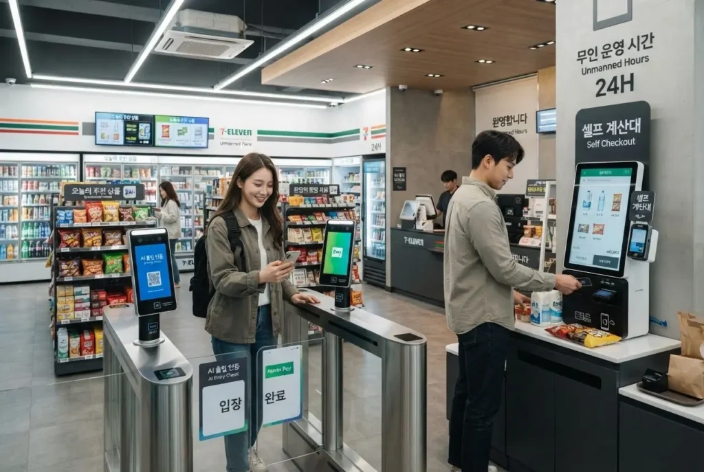 스마트 출입 인증기와 키오스크가 설치된 깔끔한 무인 매장 내부 전경