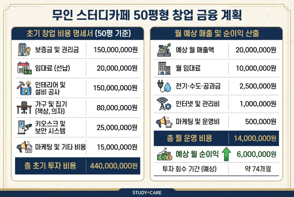 50평 기준 무인 스터디카페 창업 비용 내역서와 월 예상 순수익 계산 인포그래픽