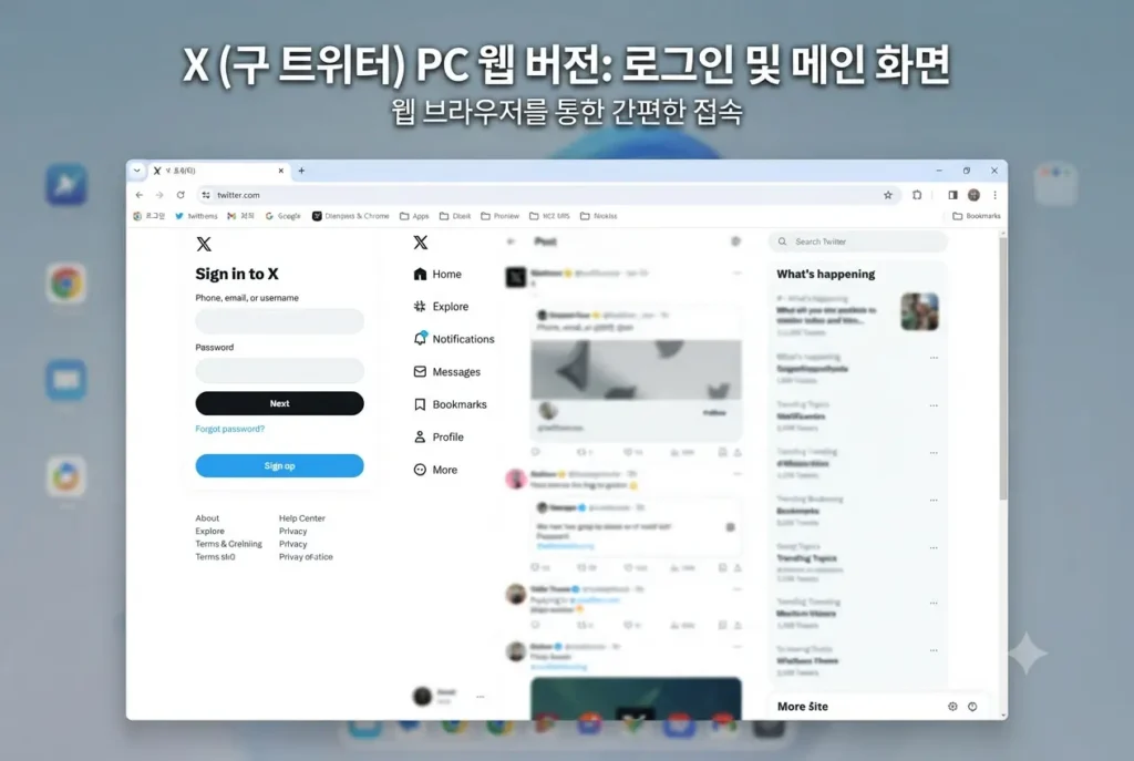 PC 웹 브라우저를 통해 X(구 트위터) 공식 웹사이트에 접속하여 로그인 및 타임라인을 확인하는 화면