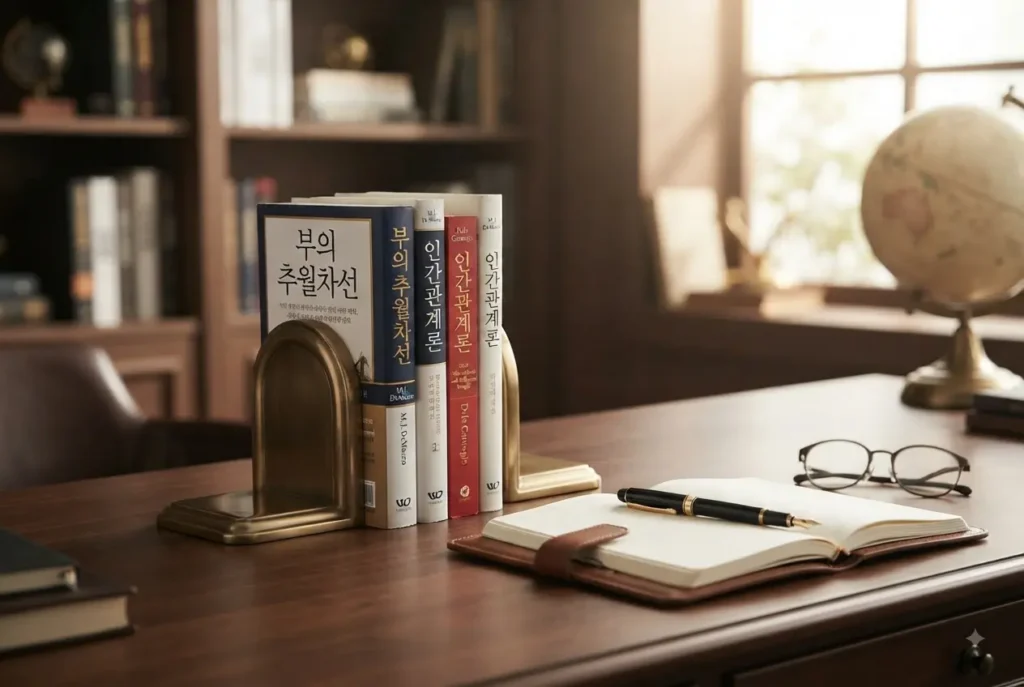 지적 자본 투자의 중요성을 보여주는 부의 추월차선과 인간관계론 등 비즈니스 필독서 모음 서재 책상
