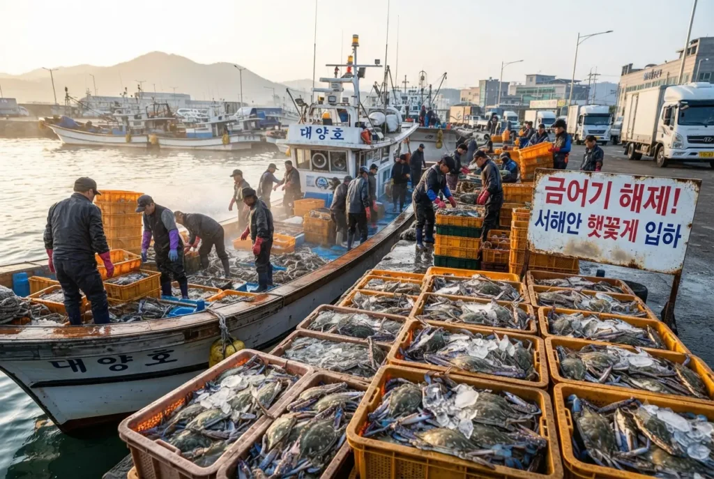 "꽃게 금어기 해제 후 서해안 항포구에서 활꽃게를 하역하는 어부들과 분주한 어시장 풍경"