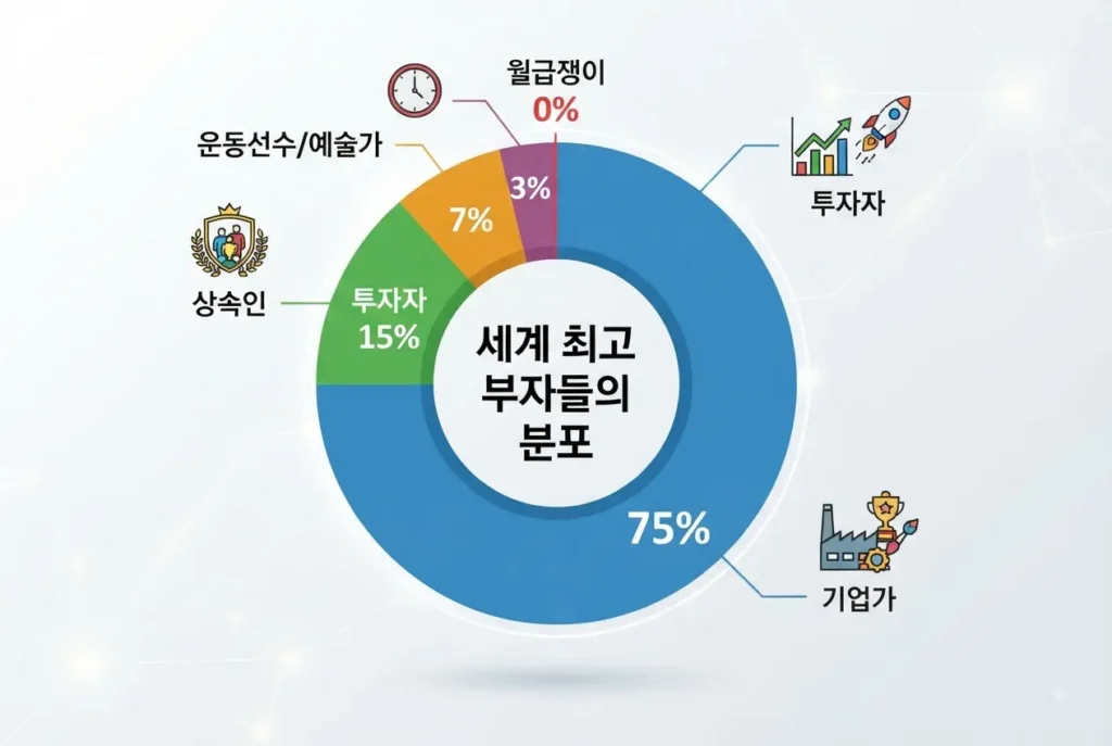 세계 최고 부자들의 분포 통계 및 월급쟁이 비율을 보여주는 파이 차트 그래프