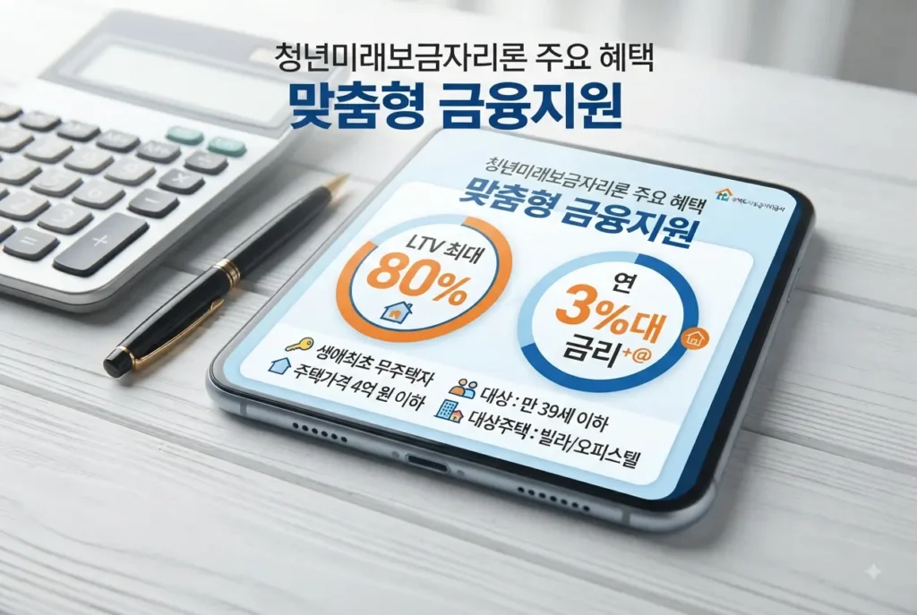 청년미래보금자리론 핵심 혜택을 안내하는 인포그래픽 이미지로, LTV 최대 80%와 연 3%대 금리 조건이 강조된 썸네일 화면