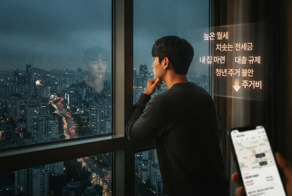 창밖의 도시 야경을 바라보며 높은 월세와 전세금, 주거비 부담 속에서 스마트폰으로 부동산 앱을 살펴보며 깊은 고민에 빠진 청년의 뒷모습