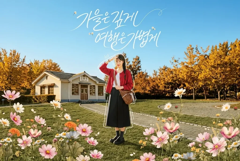 2026 여행가는 가을 KTX 철도 할인 예매 절차를 안내하는 들꽃과 간이역 배경의 '가을은 깊게, 여행은 가볍게' 메인 여행 포스터