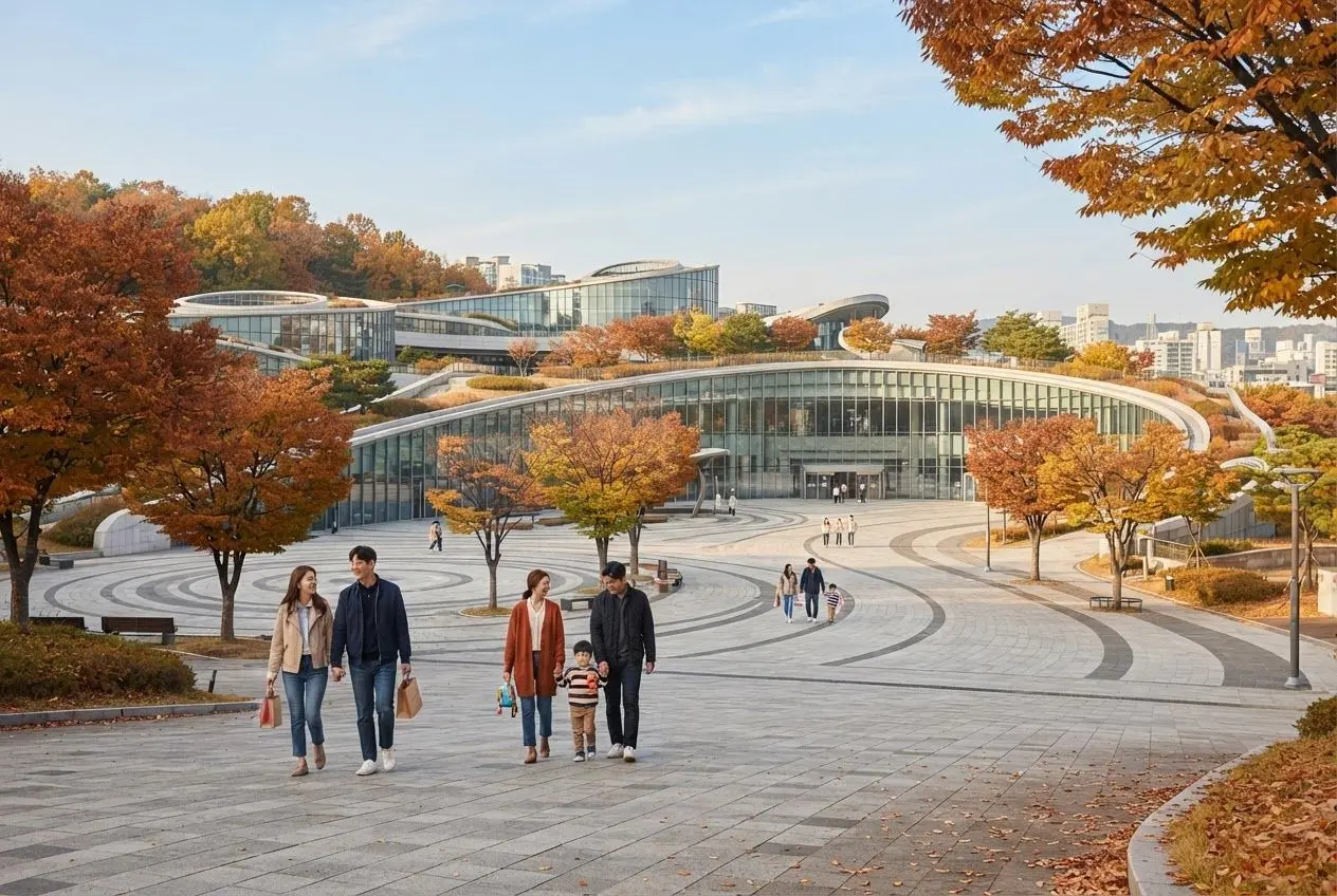 가을 단풍이 아름다운 국립아시아문화전당(ACC) 야외 광장과 가벼운 차림으로 행사장으로 향하는 방문객들의 뒷모습