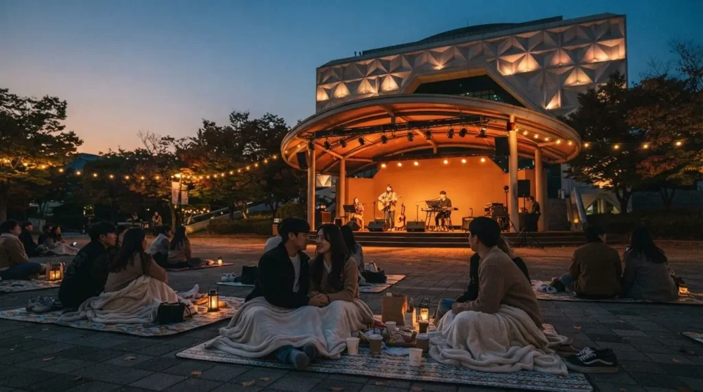 국립아시아문화전당 예술극장 빅도어 야외무대에서 따뜻한 조명 아래 돗자리를 펴고 가을밤 공연을 즐기는 사람들