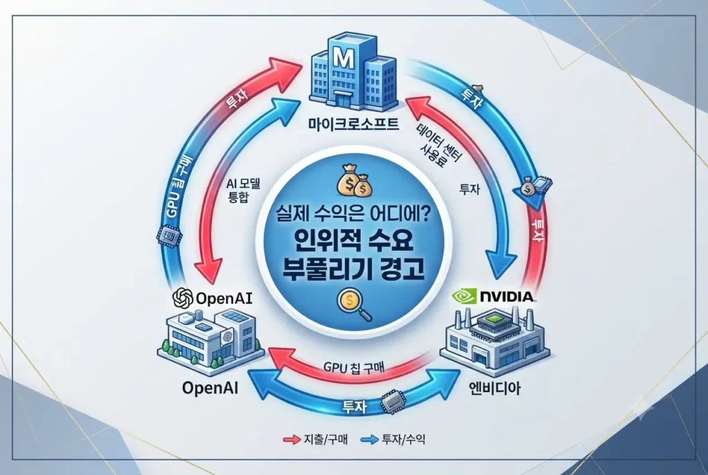 매그니피센트 7과 OpenAI 중심의 AI 머니 머신 순환투자 구조 및 위험성 인포그래픽
