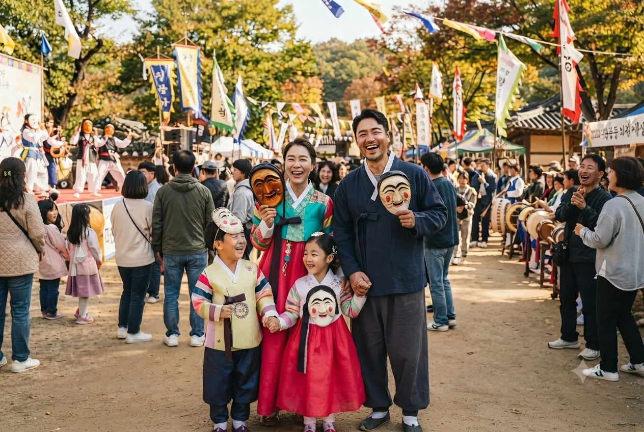 2026 안동국제탈춤페스티벌 현장에서 전통 탈을 들고 밝게 웃는 가족과 관람객들의 생동감 넘치는 모습