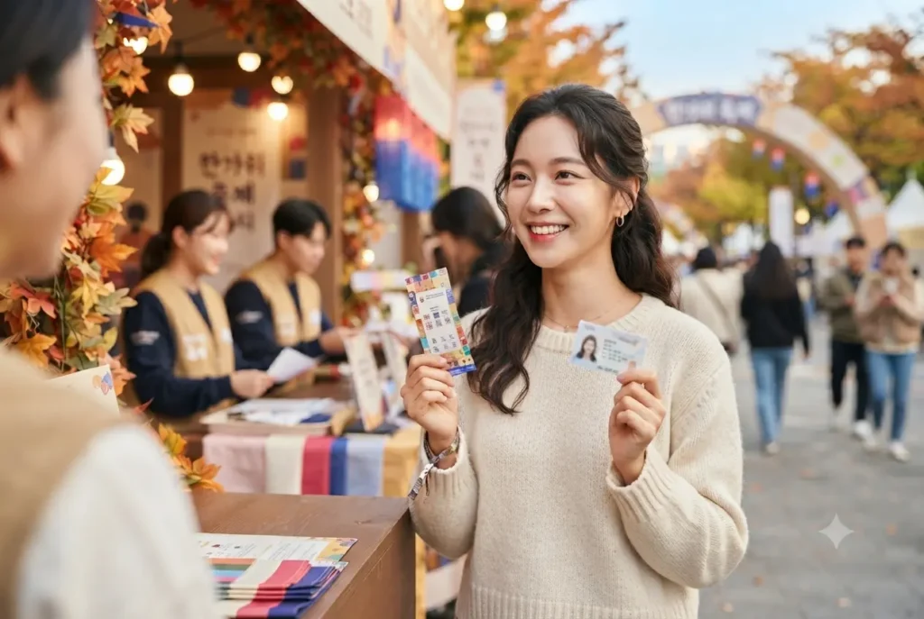 안동국제탈춤페스티벌 매표소 앞에서 신분증과 증빙 서류를 준비하며 설레는 표정을 짓는 관람객