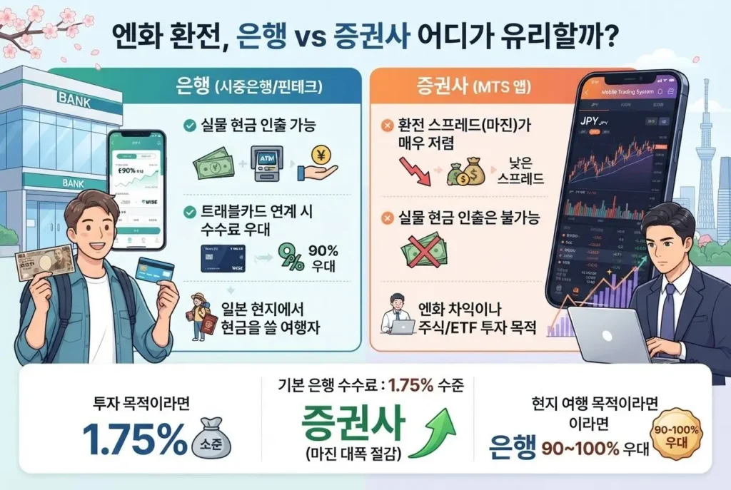 엔화 환전 시 은행과 증권사의 특징 비교. 실물 현금 인출과 트래블카드 수수료 우대가 가능한 은행, 환전 마진이 저렴한 증권사 앱 특징 정리