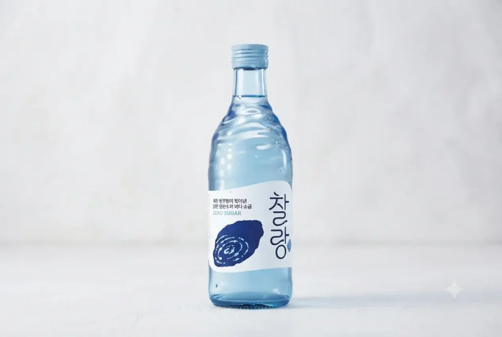 제주 화산암반수와 용암해수소금을 담은 오비맥주 찰랑 소주 병 디자인 컷