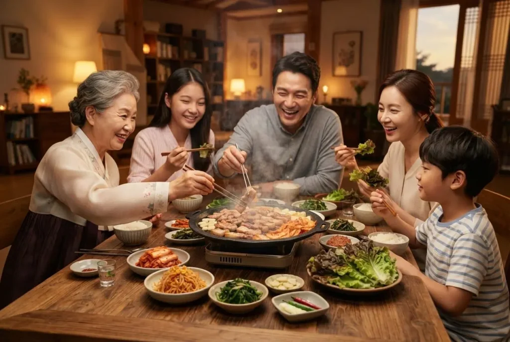 추석 한돈 최대 50% 할인 적용 조건으로 알뜰하게 장을 본 뒤 온 가족이 모여 맛있는 돼지고기 구이를 즐기는 따뜻한 명절 식탁 이미지