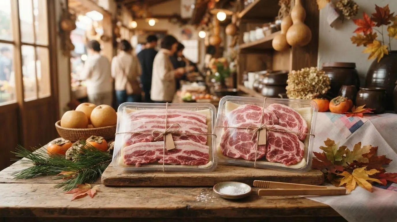 추석 한돈 최대 50% 할인 적용 조건과 삼겹살·목살 할인 행사를 안내하는 신선한 돼지고기 상품 진열 이미지