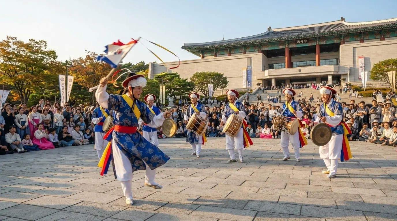 추석 국립중앙박물관 주차 대기시간 안 줄이는 주의점 숙지 후 야외 열린마당에서 관람하는 신명 나는 무료 전통공연 모습