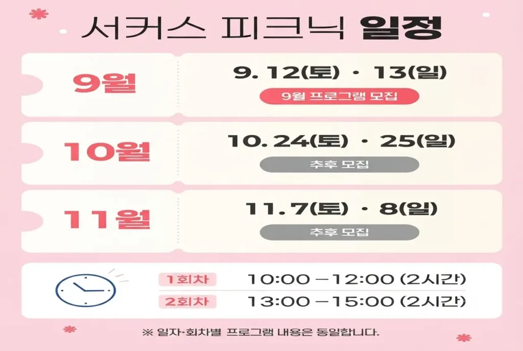 서커스 피크닉 원데이 클래스 9월, 10월, 11월 월별 일정 및 회차별 운영 시간표