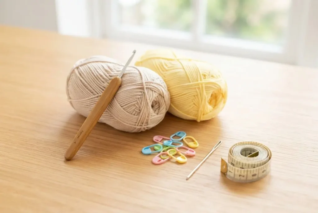 코바늘 초보자 5호 vs 6호 바늘 추천 비교 포스팅용 밝은 파스텔톤 면 혼방실과 단수링 돗바늘 준비물