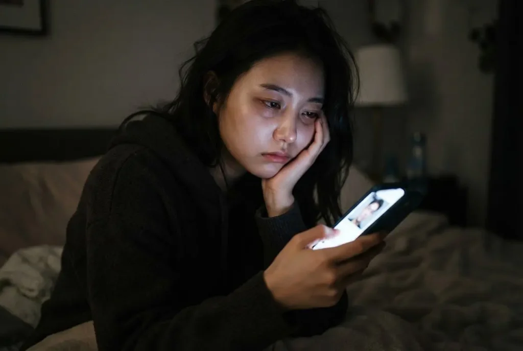 어두운 방 안에서 스마트폰 화면의 불빛에 지친 표정으로 데이팅 앱을 스와이프하는 모습