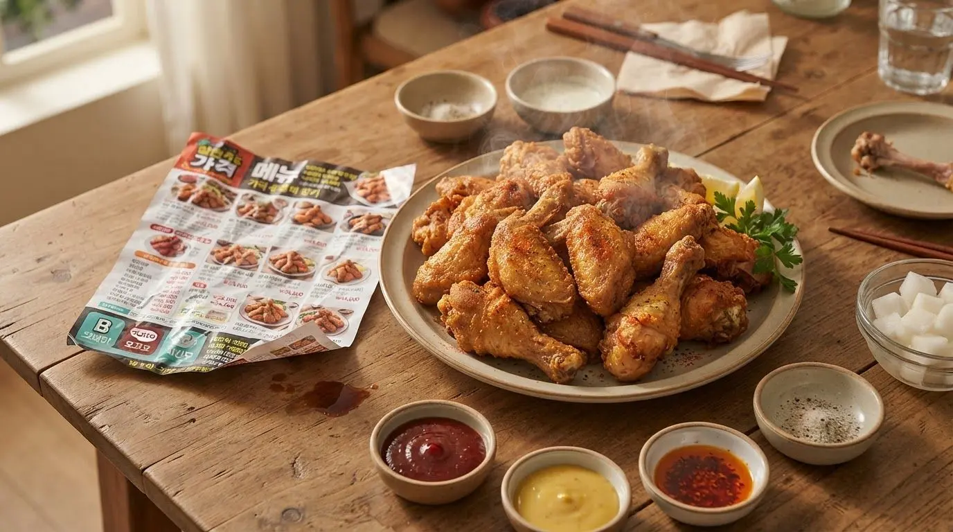 배달 치킨 전단지와 비교되는, 에어프라이어로 조리한 푸짐하고 바삭한 가성비 냉동 치킨 대체품 한상차림