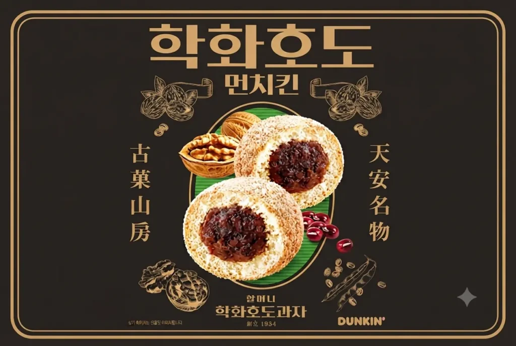 던킨과 90년 전통 천안 할머니학화호도과자가 협업한 '학화호도 먼치킨' 빈티지 스타일 메뉴 보드 이미지. 팥앙금이 가득 찬 먼치킨 두 개가 호두와 팥 일러스트 위에 놓여 있고, '천안 명물' 등의 한글 및 한자 텍스트가 포함되어 있음.