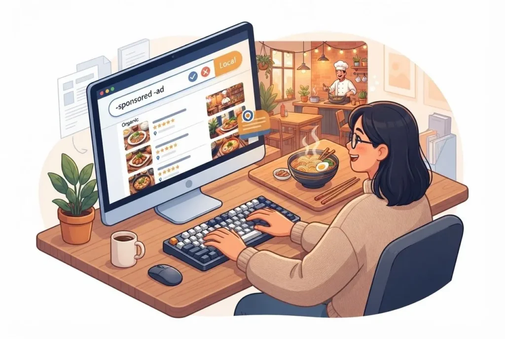 네이버 블로그 광고협찬 맛집 걸러내는 검색 팁 핵심 공식을 설명하는 이미지. '제발' 키워드 및 마이너스 연산자(-)를 입력하여 찐후기만 남기고 대가성 포스팅을 제재하는 검색 알고리즘 프로세스를 그린 벡터 일러스트레이션.