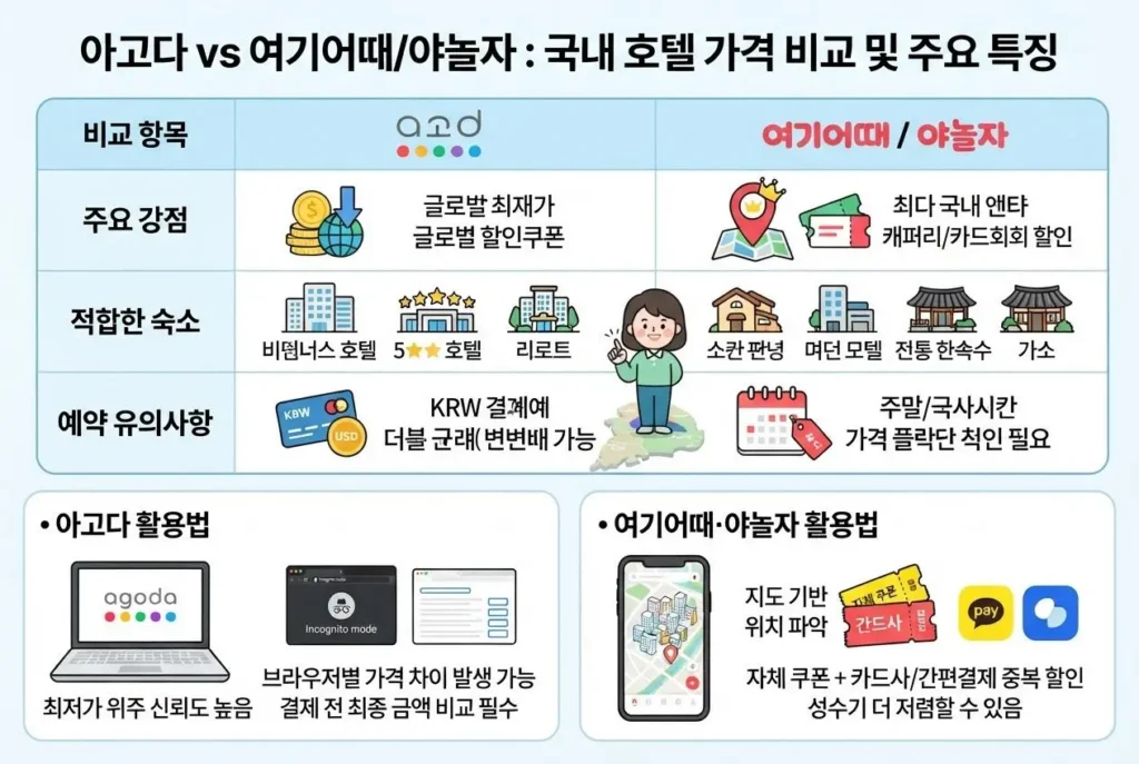 아고다 vs 여기어때 야놀자 국내 호텔 가격 비교 및 앱별 특징과 결제 팁을 정리한 인포그래픽