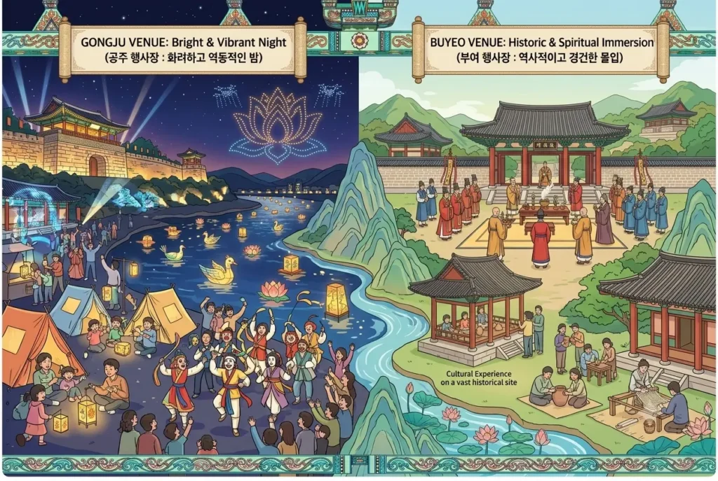 공주 백제문화제 행사장 야경 및 드론쇼와 부여 백제문화제 행사장 제례 및 역사 문화 체험 차이점을 비교한 이미지