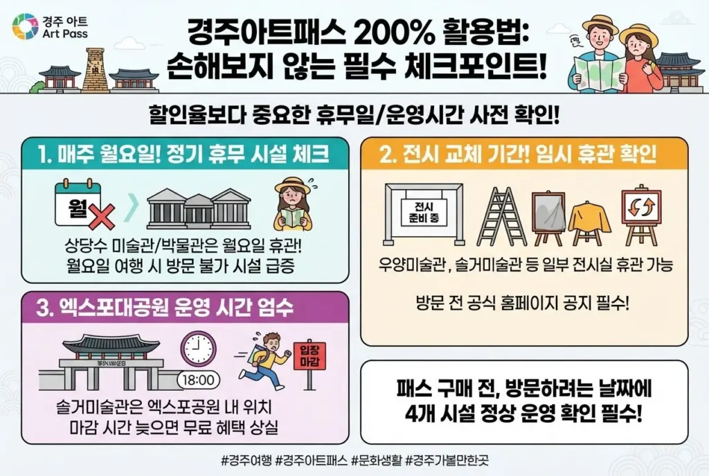경주아트패스 휴무일 모르고 사면 후회하는 이유를 방지하기 위해 매주 월요일 정기 휴무, 전시 교체 기간 임시 휴관, 엑스포대공원 운영 시간을 안내하는 체크포인트 카드뉴스
