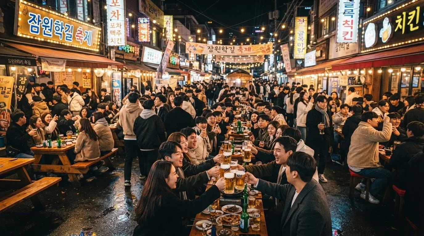 서초구 잠원하길 골목을 가득 메운 인파가 따뜻한 조명 아래서 맥주 파티를 즐기는 활기찬 야경.