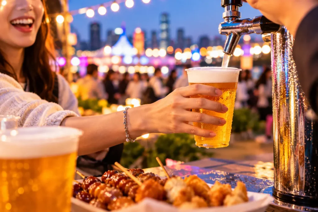 잠원하길 맥주 파티 부스에서 직원이 건네는 시원한 생맥주 잔을 받으며 환호하는 참가자의 손과 얼굴.