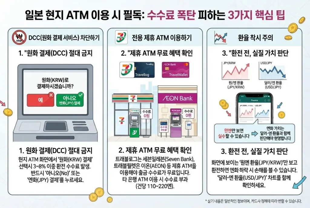 엔화 환전 수수료 현금 인출 주의점 핵심 가이드. DCC 원화 결제 차단 방법, 세븐뱅크 및 이온뱅크 제휴 ATM 출금 수수료 무료 혜택, 원엔 및 달러엔 환율 분석법 안내
