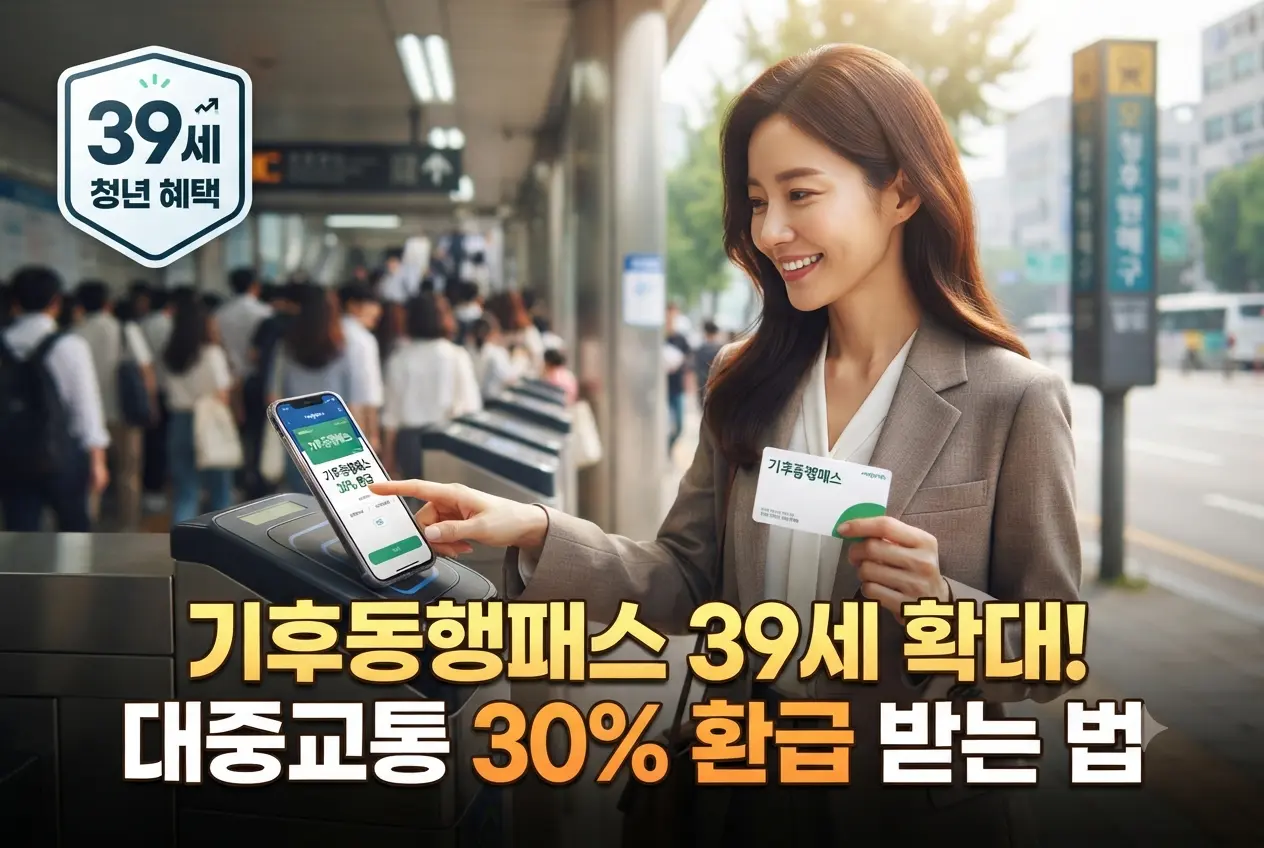 만 39세로 확대된 기후동행패스 혜택과 교통비 30% 환급 방법을 안내하는 메인 배너 이미지