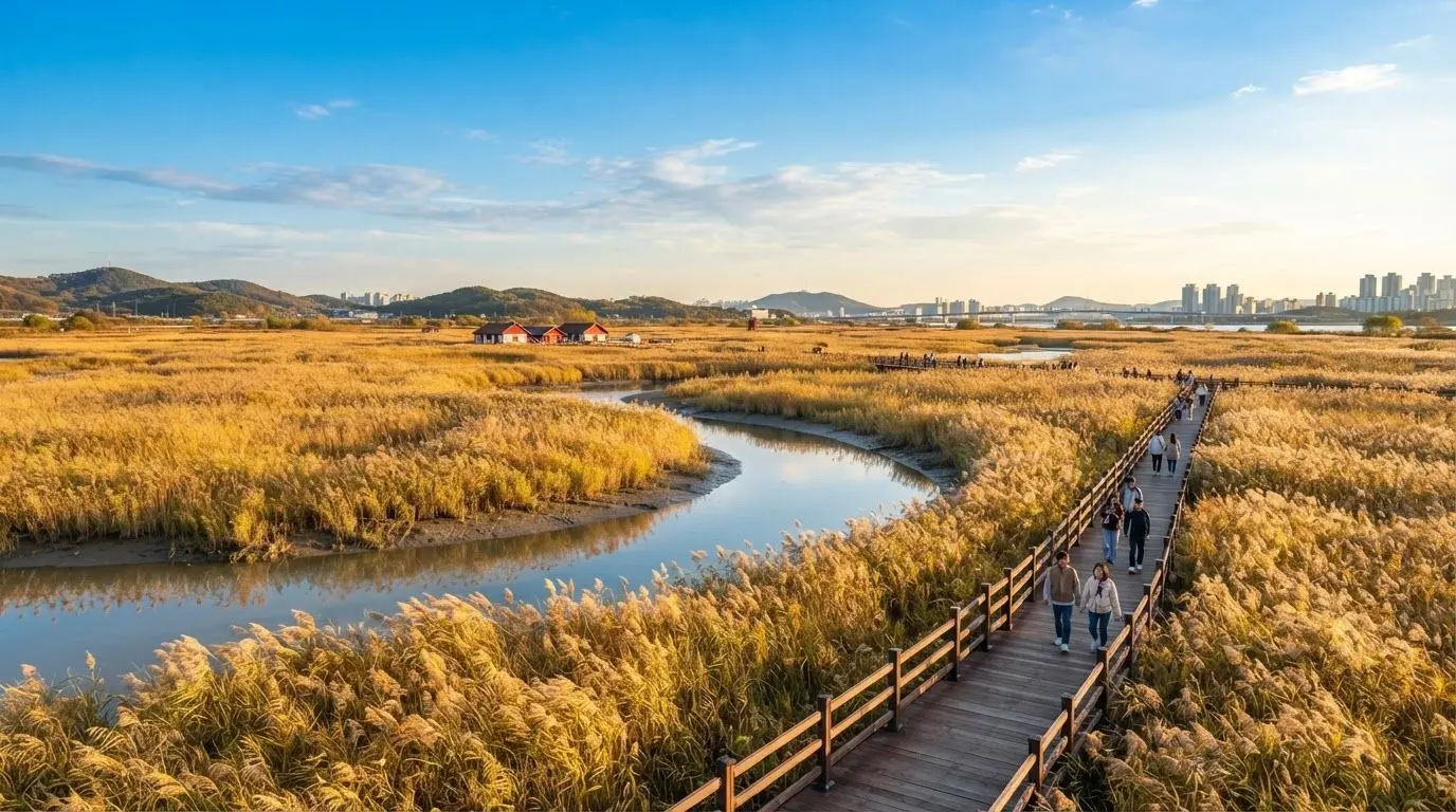 "시흥갯골축제 사전예약 대상 프로그램을 확인하고 방문하기 좋은 시흥갯골생태공원의 가을 풍경과 황금빛 갈대밭 산책로"