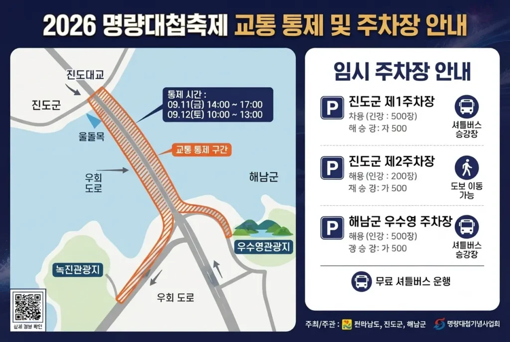 2026 명량대첩축제 진도대교 교통 통제 시간 및 임시 주차장 안내도