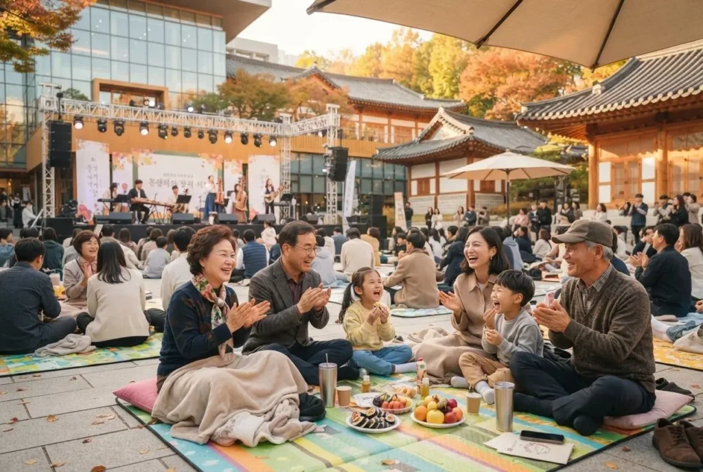 가족 및 아이와 함께 국립중앙박물관 열린마당 돗자리 구역에서 추석 전통공연을 즐기는 관람객들