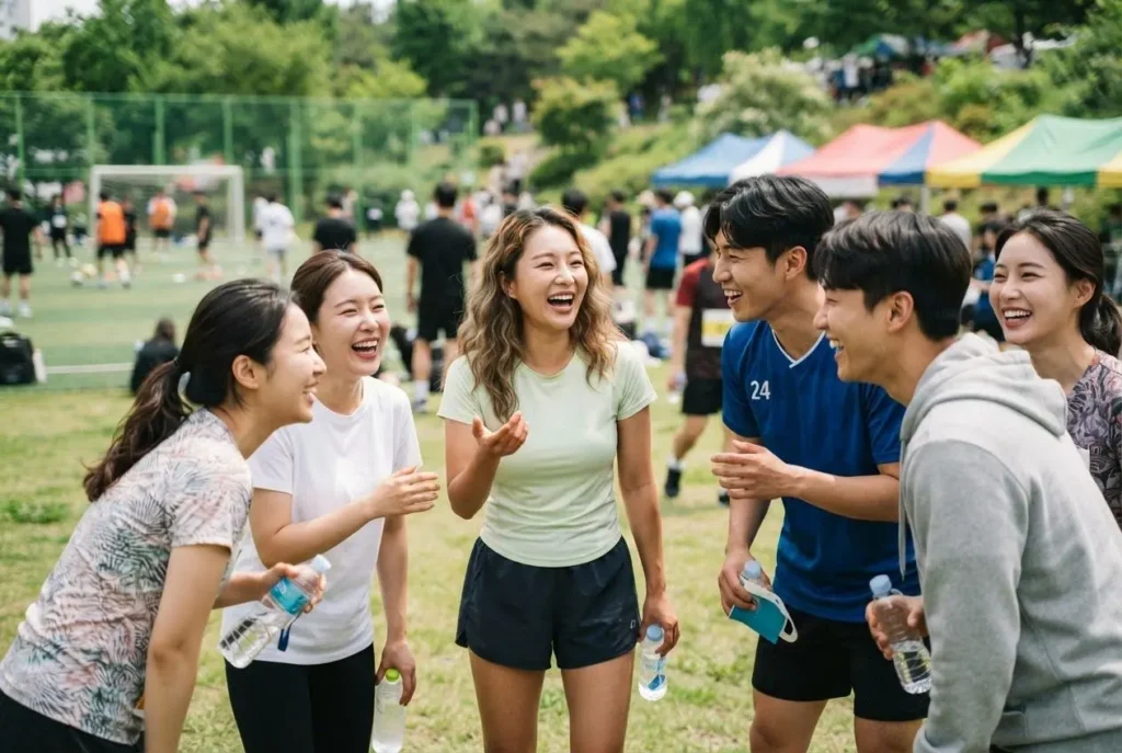 야외 피트니스나 오프라인 모임에서 활기차게 어울리며 대화하는 청춘들의 모습, 현실 만남 주선 앱