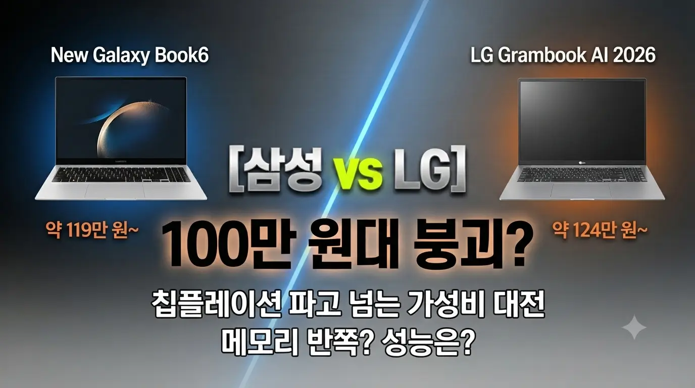 삼성 뉴 갤럭시 북6와 LG 그램북 AI를 비교한 100만 원대 가성비 노트북 대전 썸네일
