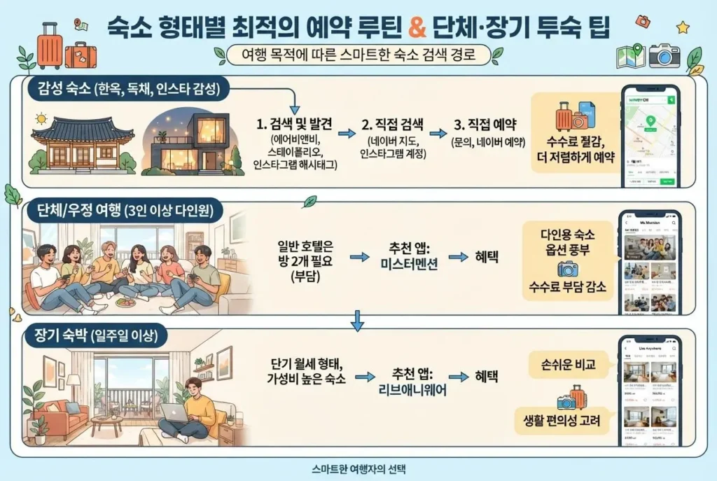 감성 숙소 직접 예약법부터 단체 및 장기 숙박용 미스터멘션, 리브애니웨어 추천 예약 루틴 인포그래픽