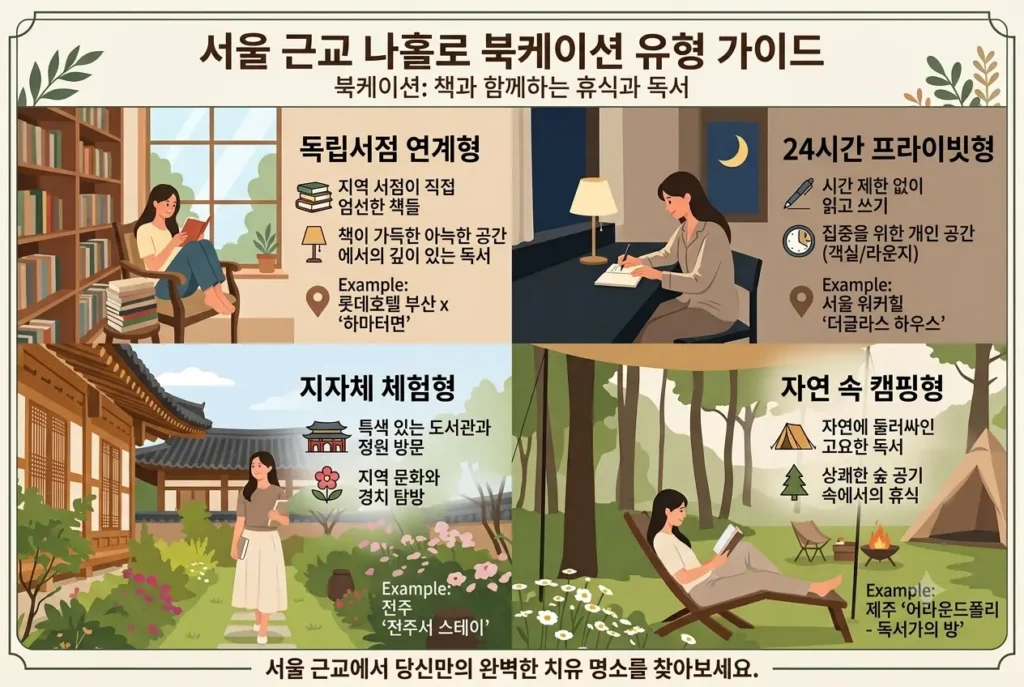 혼자 떠나기 좋은 수도권 근교 북케이션 추천 장소 유형 4가지를 정리한 인포그래픽 (독립서점 연계형, 24시간 프라이빗형, 지자체 체험형, 자연 속 캠핑형)