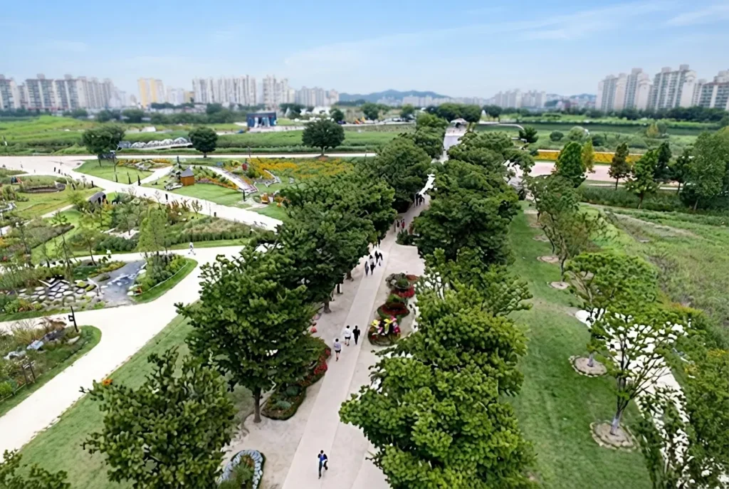 "울산 태화강 국가정원의 탁 트인 산책로와 푸른 녹음 전경을 담은 항공 뷰 이미지. 가을 생태 여행지로서 자연과 도심이 조화로운 풍경을 보여줍니다."
