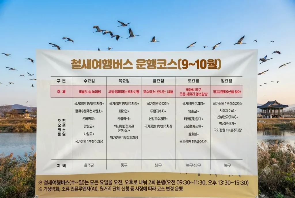 "2026년 가을 울산철새여행버스 요일별 운행 코스 및 시간표를 안내하는 인포그래픽 이미지. 수요일부터 일요일까지 태화강 국가정원, 공룡발자국공원, 박상진 의사 생가 등 세부 경유지와 1일 2회 운행 정보가 표로 정리되어 있습니다."