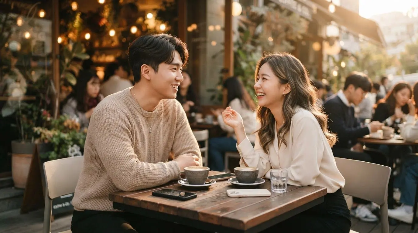 스마트폰을 내려놓고 카페 테라스에서 환하게 웃으며 대화하는 2030 남녀의 모습, 미국 데이팅 앱 무료 이용 팁과 현실 만남 트렌드