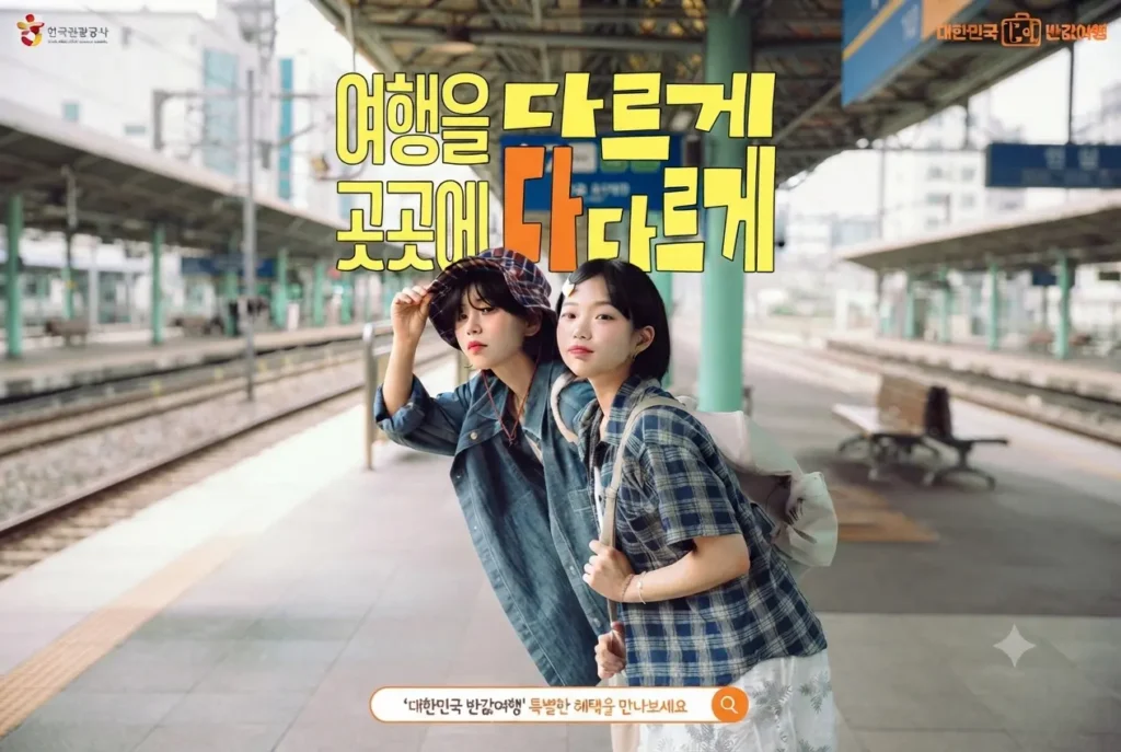 "대한민국 반값여행 캠페인 포스터 이미지. 철도역 플랫폼을 배경으로 여행룩을 입은 두 명의 젊은 여성이 서 있고, 상단에는 '여행을 다르게, 곳곳에 다다르게'라는 노란색 한글 텍스트가 적혀 있습니다."