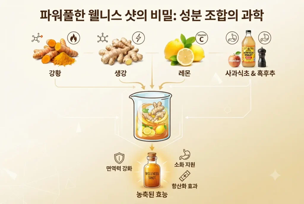 웰니스 샷주스 성분 조합과 효능 인포그래픽